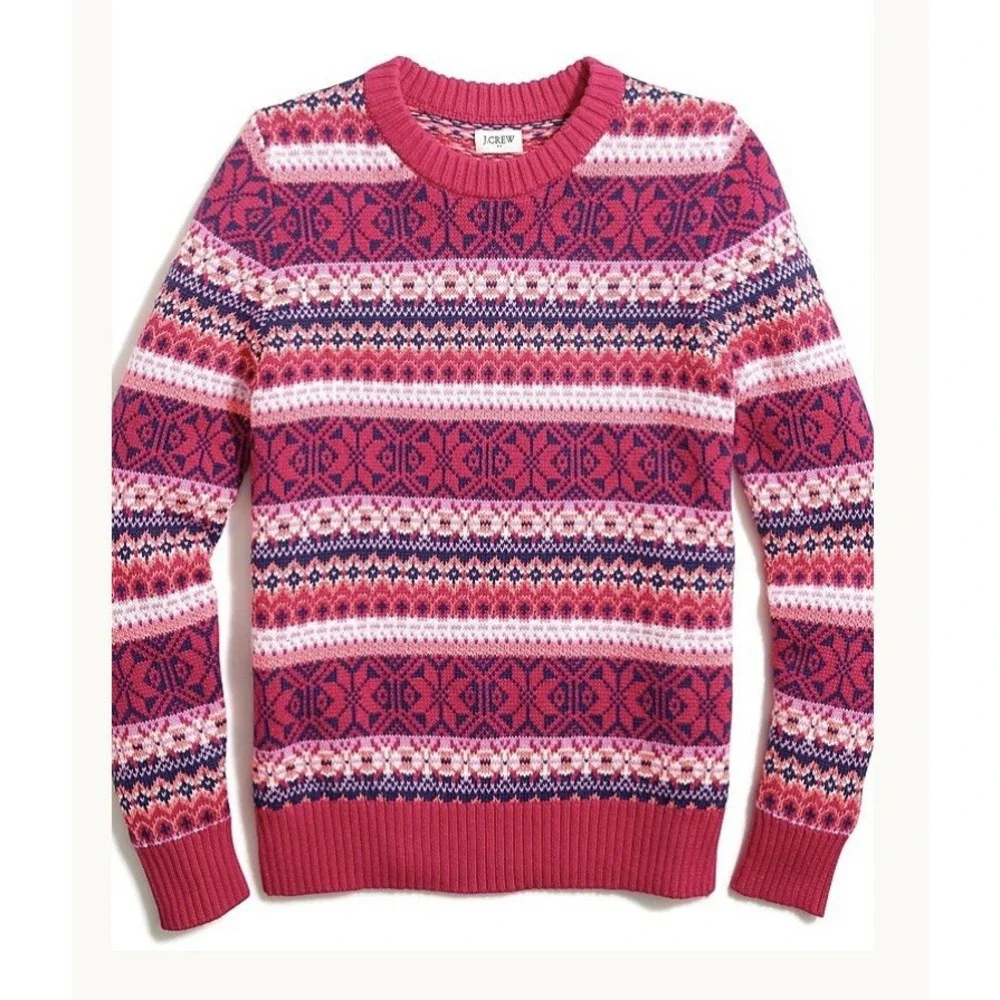 J. Crew Pink & Navy Fair Isle Crew Neck Sweater